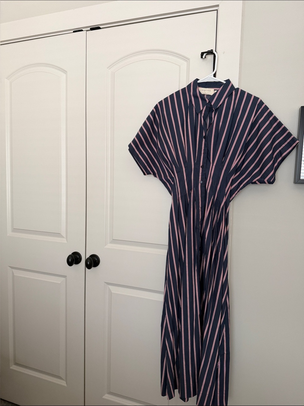 Navy and Light Pink Striped Maxi Shirt Dress with Collar